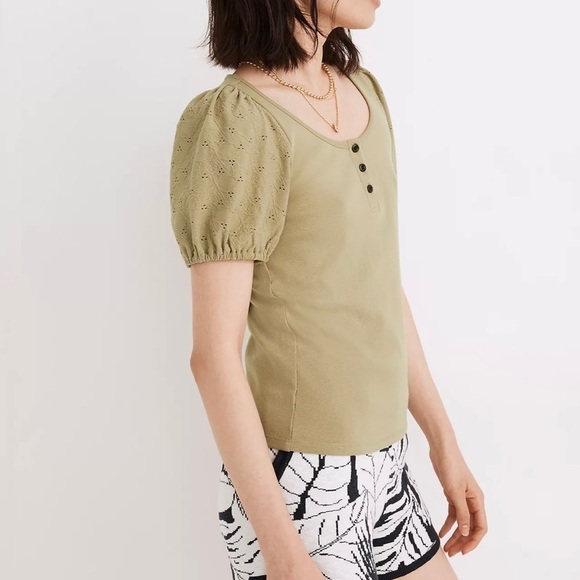 Madewell Olive Green Eyelet Sleeve Henley Short Sleeve Top Size Extra Small NWT - Picture 11 of 15